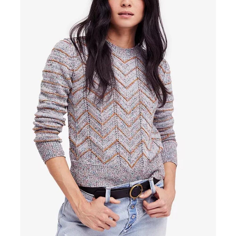 Free People Women's Ivory Zig Zag Cotton Knit Sweater Pullover Jumper Size Med